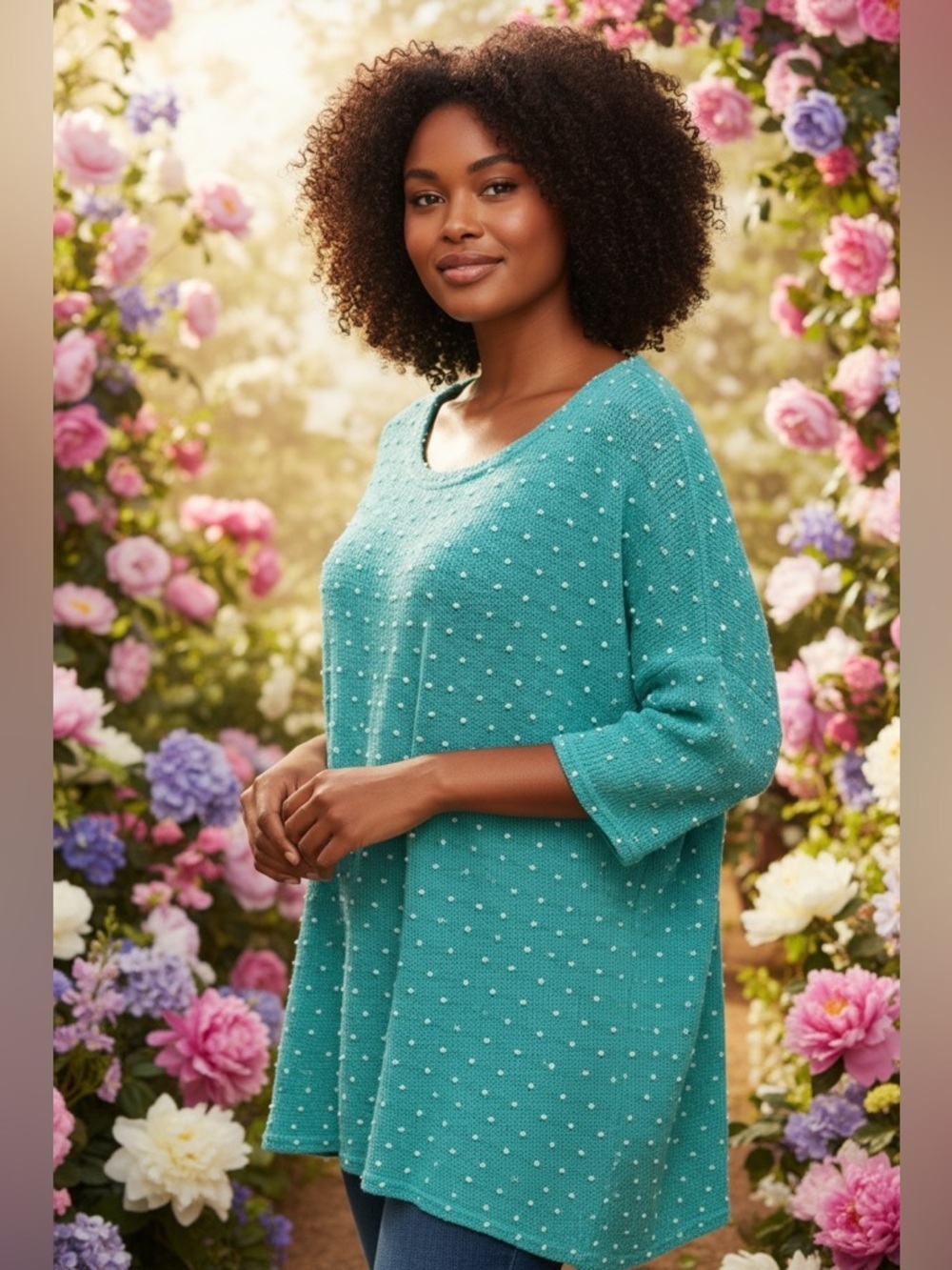 Fantastic Fawn Turquoise Knit Top Pearl Dots Cotton Blend Relaxed Tunic Size XL+